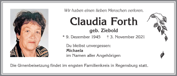 Traueranzeige von Claudia Forth von Allgäuer Zeitung, Kaufbeuren/Buchloe