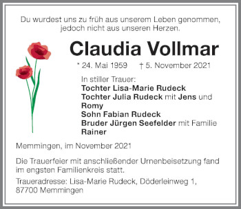 Traueranzeige von Claudia Vollmar von Memminger Zeitung