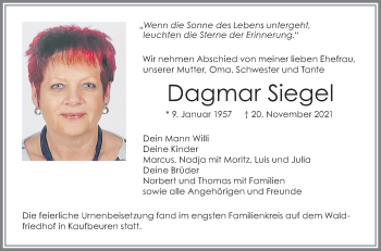 Traueranzeige von Dagmar Siegel von Allgäuer Zeitung, Kaufbeuren/Buchloe
