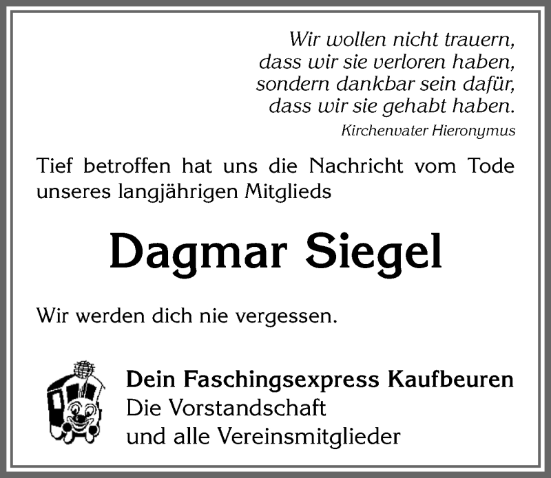  Traueranzeige für Dagmar Siegel vom 29.11.2021 aus Allgäuer Zeitung, Kaufbeuren/Buchloe