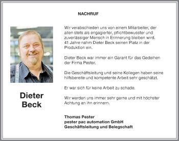 Traueranzeige von Dieter Beck von Memminger Zeitung
