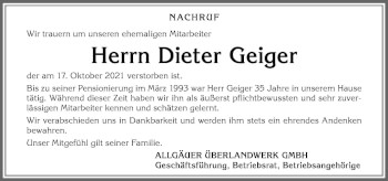 Traueranzeige von Dieter Geiger von Allgäuer Zeitung,Kempten