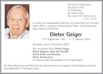 Traueranzeige von Dieter Geiger von Allgäuer Zeitung,Kempten