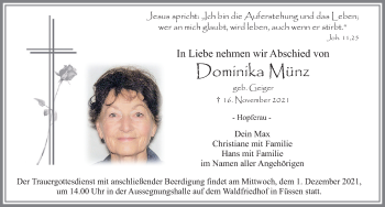 Traueranzeige von Dominika Münz von Allgäuer Zeitung, Füssen