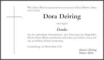 Traueranzeige von Dora Deiring von Der Westallgäuer