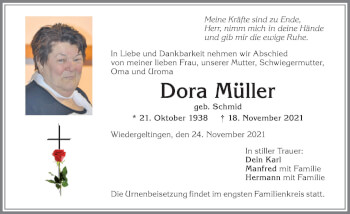 Traueranzeige von Dora Müller von Allgäuer Zeitung, Kaufbeuren/Buchloe