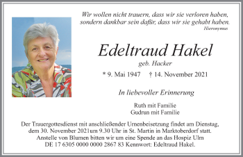 Traueranzeige von Edeltraud Hakel von Allgäuer Zeitung, Marktoberdorf