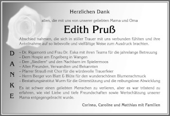 Traueranzeige von Edith Pruß von Der Westallgäuer