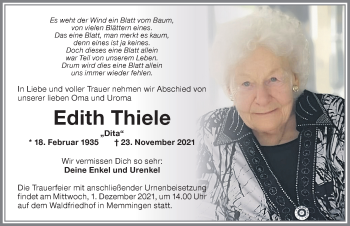 Traueranzeige von Edith Thiele von Memminger Zeitung