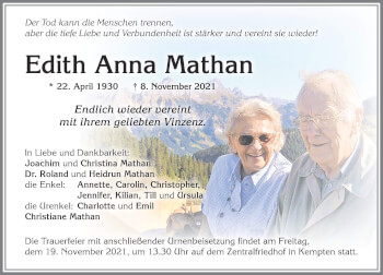 Traueranzeige von Edith Anna Mathan von Allgäuer Zeitung,Kempten