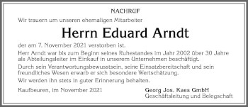 Traueranzeige von Eduard Arndt von Allgäuer Zeitung, Kaufbeuren/Buchloe