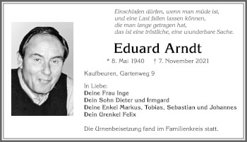 Traueranzeige von Eduard Arndt von Allgäuer Zeitung, Kaufbeuren/Buchloe