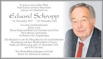 Traueranzeige von Eduard Schropp von Allgäuer Zeitung, Füssen