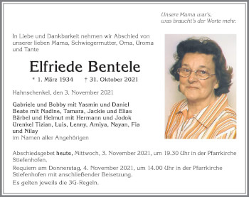 Traueranzeige von Elfriede Bentele von Allgäuer Zeitung