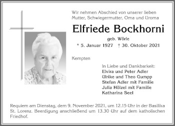 Traueranzeige von Elfriede Bockhorni von Allgäuer Zeitung,Kempten