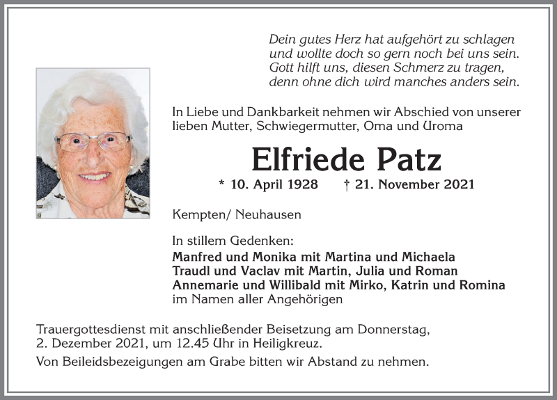  Traueranzeige für Elfriede Patz vom 27.11.2021 aus Allgäuer Zeitung,Kempten