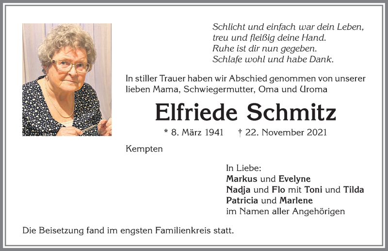  Traueranzeige für Elfriede Schmitz vom 27.11.2021 aus Allgäuer Zeitung,Kempten