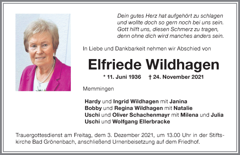  Traueranzeige für Elfriede Wildhagen vom 27.11.2021 aus Memminger Zeitung