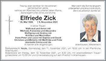 Traueranzeige von Elfriede Zick von Memminger Zeitung