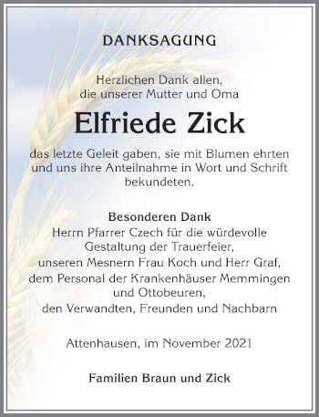 Traueranzeige von Elfriede Zick von Memminger Zeitung