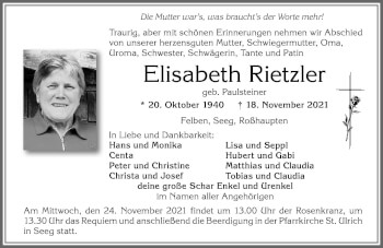 Traueranzeige von Elisabeth Rietzler von Allgäuer Zeitung, Füssen