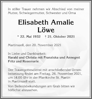Traueranzeige von Elisabeth Amalie Löwe von Allgäuer Zeitung