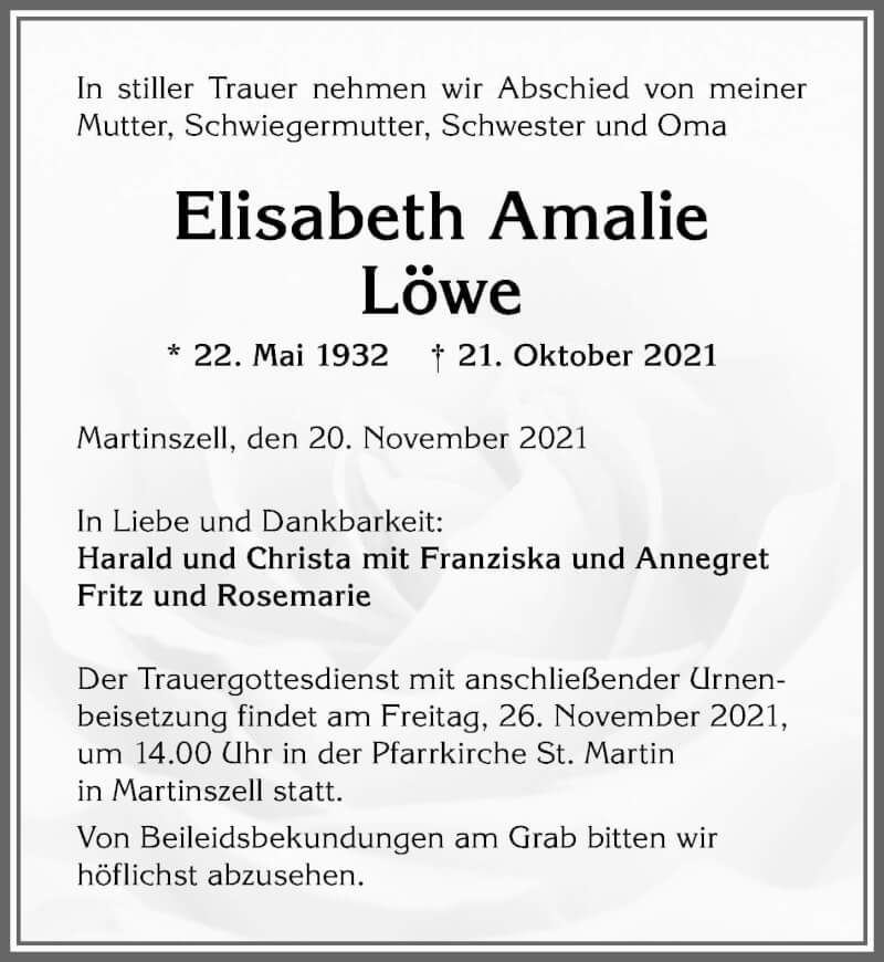  Traueranzeige für Elisabeth Amalie Löwe vom 20.11.2021 aus Allgäuer Zeitung