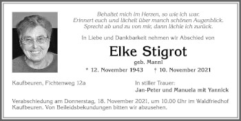 Traueranzeige von Elke Stigrot von Allgäuer Zeitung, Kaufbeuren/Buchloe