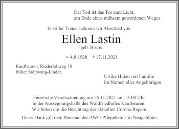 Traueranzeige von Ellen Lastin von Allgäuer Zeitung, Kaufbeuren/Buchloe