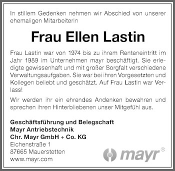 Traueranzeige von Ellen Lastin von Allgäuer Zeitung, Kaufbeuren/Buchloe