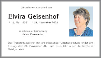 Traueranzeige von Elvira Geisenhof von Allgäuer Zeitung,Kempten