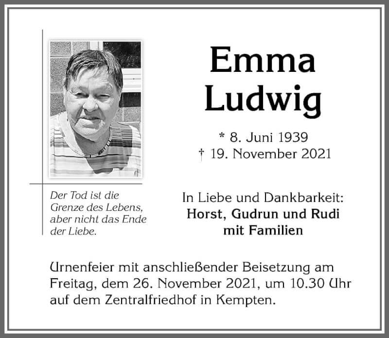  Traueranzeige für Emma Ludwig vom 24.11.2021 aus Allgäuer Zeitung,Kempten