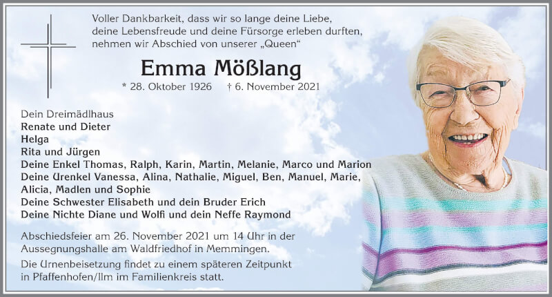  Traueranzeige für Emma Mößlang vom 20.11.2021 aus Memminger Zeitung