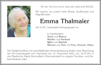 Traueranzeige von Emma Thalmaier von Allgäuer Zeitung, Kaufbeuren/Buchloe