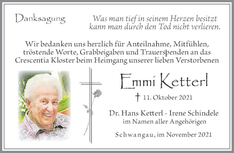  Traueranzeige für Emmi Ketterl vom 06.11.2021 aus Allgäuer Zeitung, Füssen