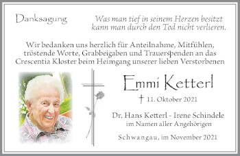 Traueranzeige von Emmi Ketterl von Allgäuer Zeitung, Füssen