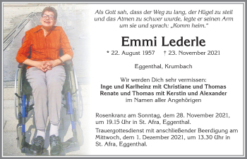 Traueranzeige von Emmi Lederle von Allgäuer Zeitung, Kaufbeuren/Buchloe