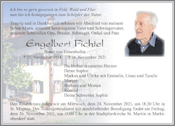 Traueranzeige von Engelbert Fichtel von Allgäuer Zeitung, Marktoberdorf
