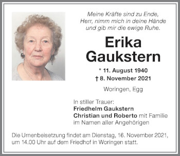 Traueranzeige von Erika Gaukstern von Memminger Zeitung
