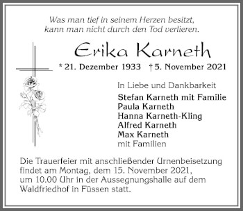 Traueranzeige von Erika Karneth von Allgäuer Zeitung, Füssen