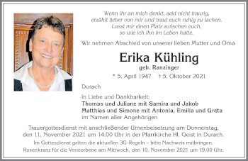 Traueranzeige von Erika Kühling von Allgäuer Zeitung,Kempten