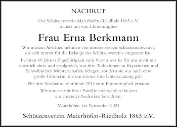Traueranzeige von Erna Berkmann von Der Westallgäuer