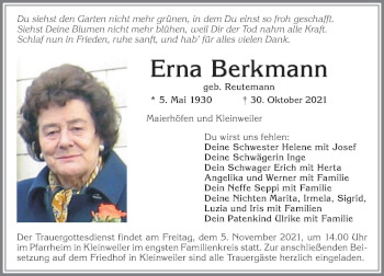 Traueranzeige von Erna Berkmann von Allgäuer Zeitung,Kempten