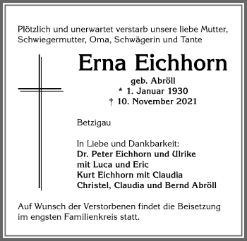 Traueranzeige von Erna Eichhorn von Allgäuer Zeitung,Kempten