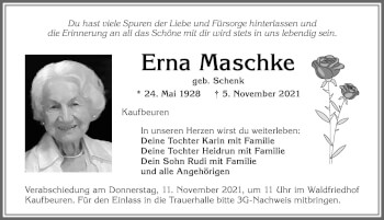 Traueranzeige von Erna Maschke von Allgäuer Zeitung, Kaufbeuren/Buchloe