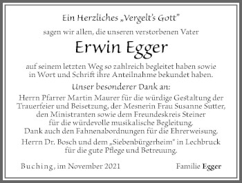 Traueranzeige von Erwin Egger von Allgäuer Zeitung, Füssen