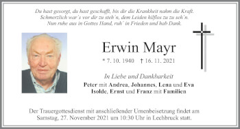 Traueranzeige von Erwin Mayr von Allgäuer Zeitung, Füssen