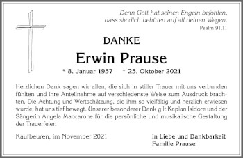 Traueranzeige von Erwin Prause von Allgäuer Zeitung, Kaufbeuren/Buchloe