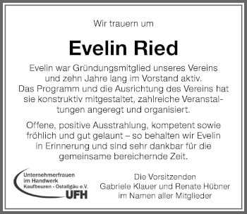 Traueranzeige von Evelin Ried von Allgäuer Zeitung, Kaufbeuren/Buchloe