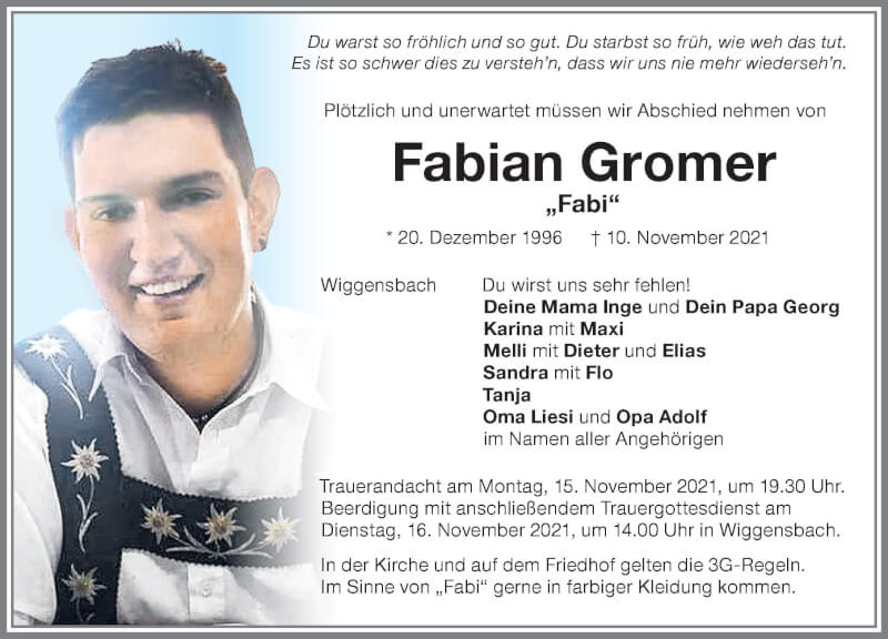  Traueranzeige für Fabian Gromer vom 13.11.2021 aus Allgäuer Zeitung,Kempten